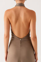 Load image into Gallery viewer, Terracotta Sheath High Neck Evening Dress