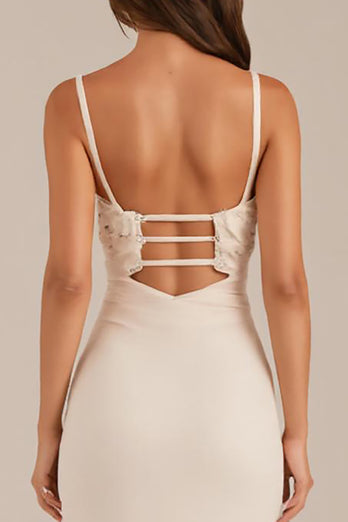 Ivory Sheath Ruched Evening Dress with Slit