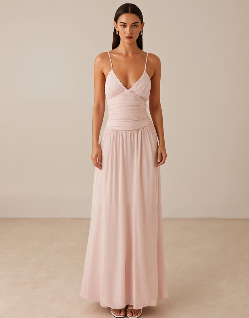 Pink Spaghetti Straps A Line Chiffon Evening Dress