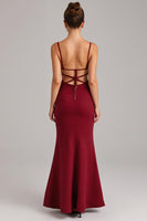 Load image into Gallery viewer, Burgundy Lace Up Back Mermaid Evening Dress