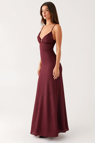 Plum Spaghetti Straps Backless Evening Dress