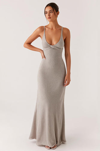 Grey Spaghetti Straps Lace Up Back Sheath Formal Dress