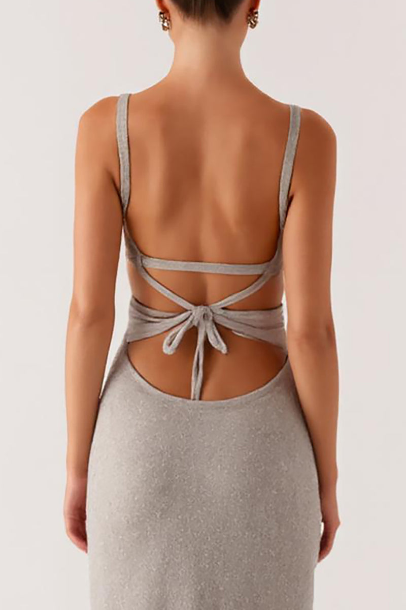 Load image into Gallery viewer, Grey Spaghetti Straps Lace Up Back Sheath Formal Dress