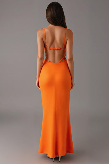 Orange Spaghetti Straps Sheath Formal Dress