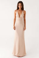 Load image into Gallery viewer, Apricot Deep V-Neck Sheath Ruched Formal Dress