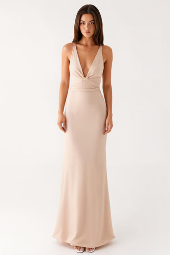Apricot Deep V-Neck Sheath Ruched Formal Dress