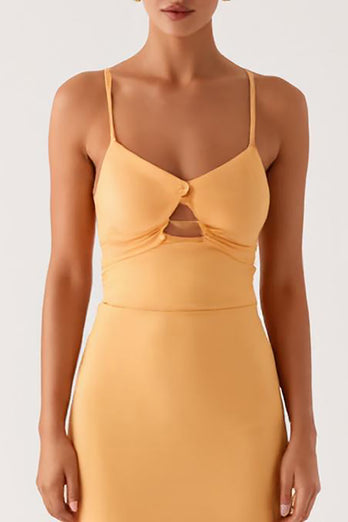 Yellow Cut Out Spaghetti Straps Sheath Formal Dress