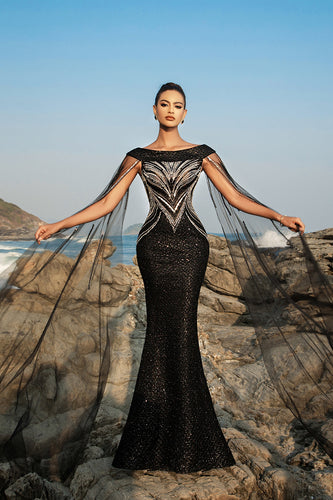 Black Mermaid Evening Dress With Sparkly Sequin Cape Sleeves