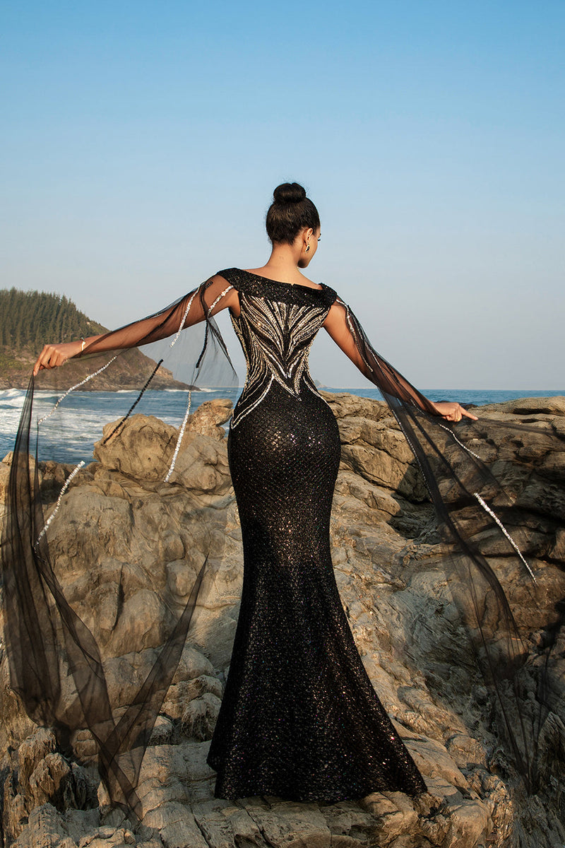 Load image into Gallery viewer, Black Mermaid Evening Dress With Sparkly Sequin Cape Sleeves