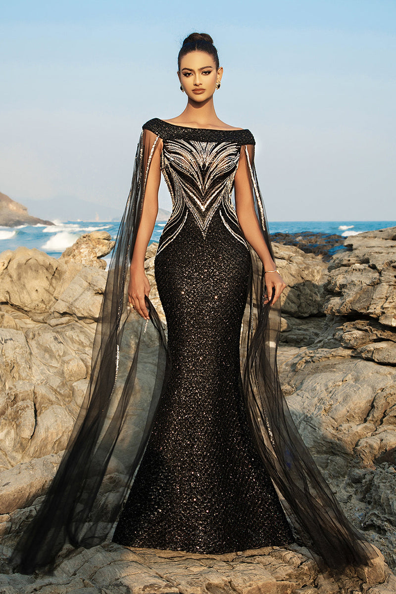 Load image into Gallery viewer, Black Mermaid Evening Dress With Sparkly Sequin Cape Sleeves