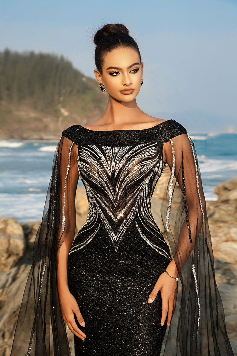 Load image into Gallery viewer, Black Mermaid Evening Dress With Sparkly Sequin Cape Sleeves
