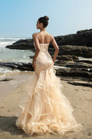 Load image into Gallery viewer, Strapless Mermaid Champagne Sequin Evening Dress with Ruffles