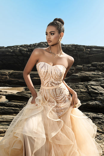 Strapless Mermaid Champagne Sequin Evening Dress with Ruffles