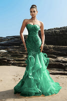 Load image into Gallery viewer, Strapless Mermaid Champagne Sequin Evening Dress with Ruffles