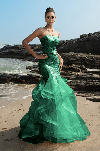 Strapless Mermaid Champagne Sequin Evening Dress with Ruffles
