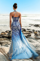 Load image into Gallery viewer, Blue Mermaid Sequin Halter Evening Dress with Slit