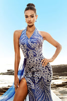 Load image into Gallery viewer, Blue Mermaid Sequin Halter Evening Dress with Slit
