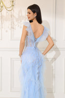 Load image into Gallery viewer, Off The Shoulder Light Blue Mermaid Corset Long Evening Dress