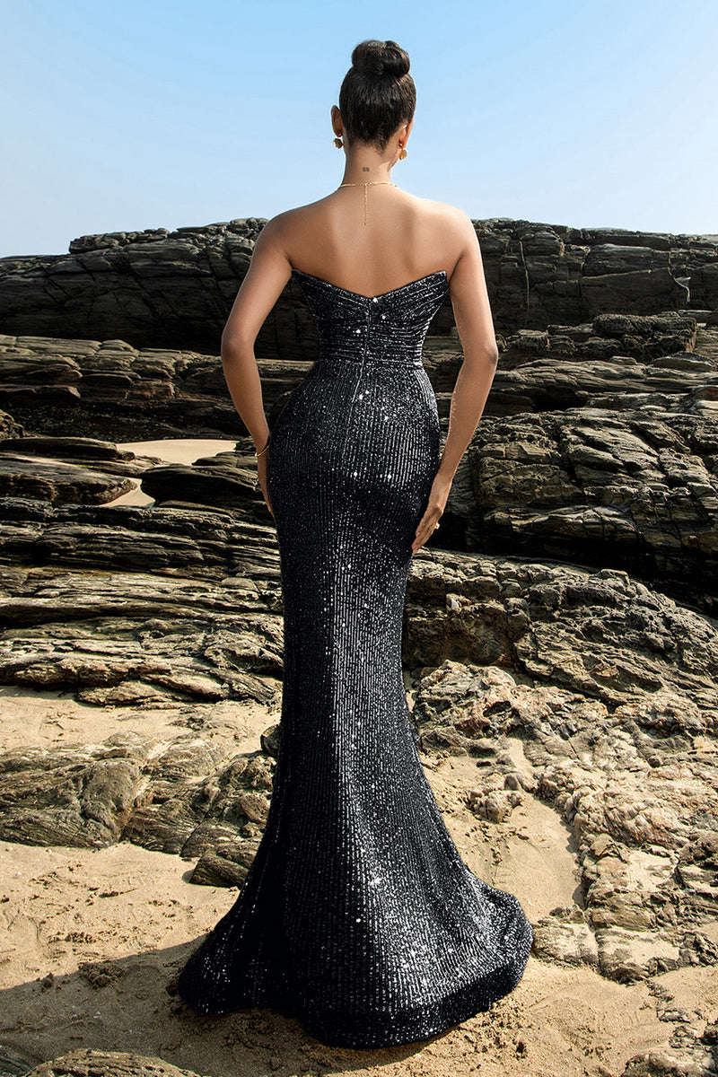 Load image into Gallery viewer, Shimmering Strapless Black Mermaid Evening Dress with Sequins