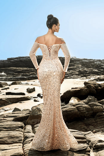 Champagne Off The Shoulder Mermaid Corset Evening Dress