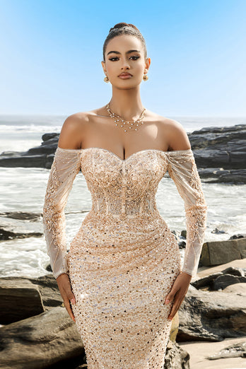 Champagne Off The Shoulder Mermaid Corset Evening Dress
