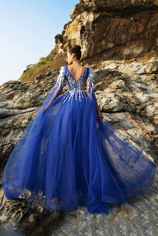 Royal Blue A Line Appliqued Tulle Evening Dress