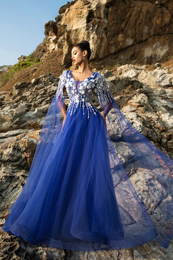 Royal Blue A Line Appliqued Tulle Evening Dress
