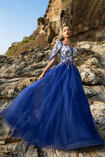 Royal Blue A Line Appliqued Tulle Evening Dress