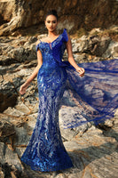Load image into Gallery viewer, Glitter Royal Blue Mermaid Evening Dress with Streamer