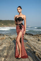 Load image into Gallery viewer, Burgundy Strapless Mermaid Evening Dress with Slit