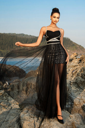 Black Spaghetti Strap Sequin A Line Evening dress