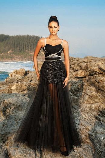 Black Spaghetti Strap Sequin A Line Evening dress