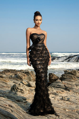 Black Strapless Ruffled Mermaid Evening dress