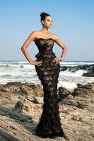 Load image into Gallery viewer, Black Strapless Ruffled Mermaid Evening dress