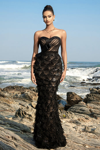 Black Strapless Ruffled Mermaid Evening dress