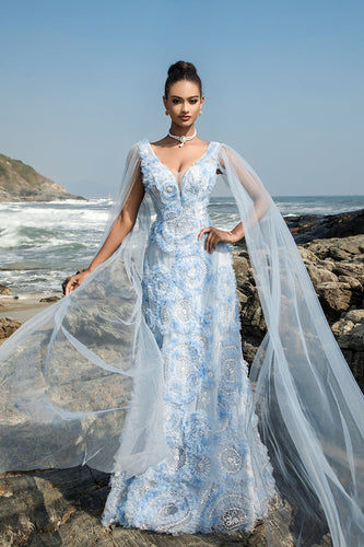 Light Blue V-Neck Sheath Evening Dress with Cape Sleeves