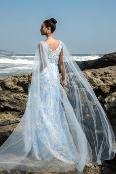 Light Blue V-Neck Sheath Evening Dress with Cape Sleeves