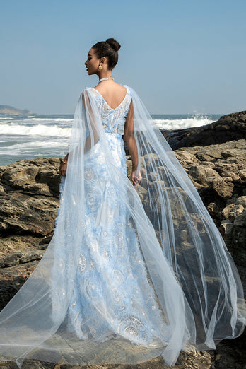 Light Blue V-Neck Sheath Evening Dress with Cape Sleeves