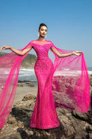 Load image into Gallery viewer, Fuchsia Sequin Mermaid Evening Dress with Cape Sleeves