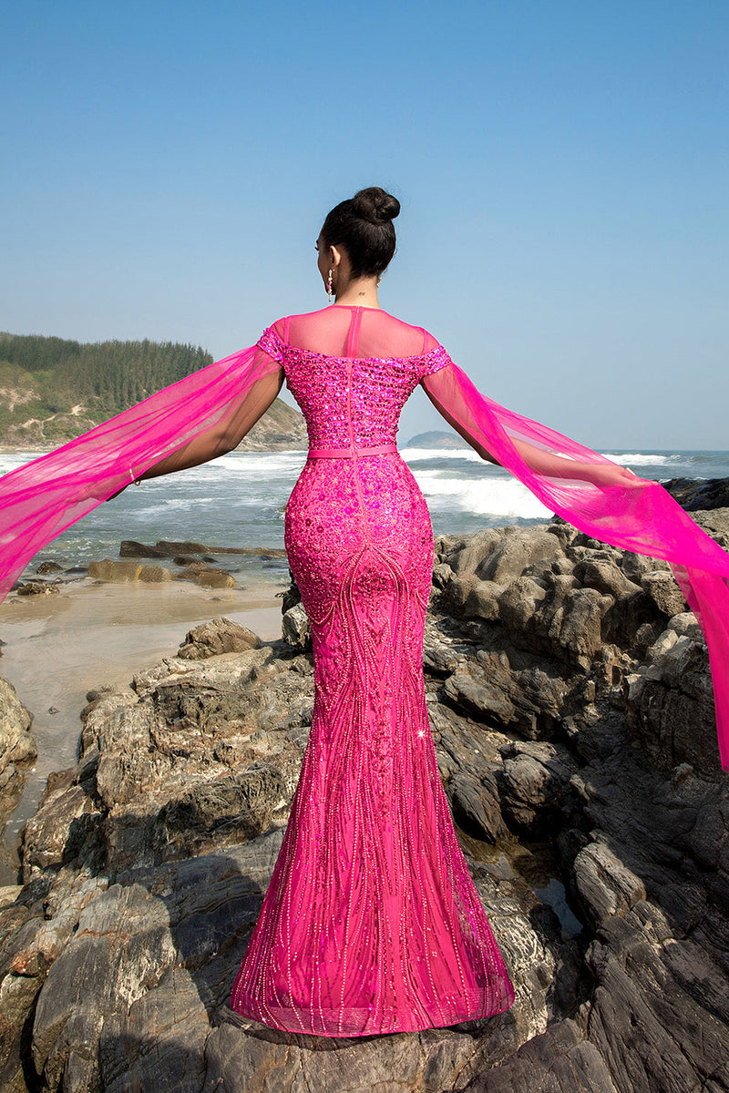 Load image into Gallery viewer, Fuchsia Sequin Mermaid Evening Dress with Cape Sleeves