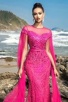 Load image into Gallery viewer, Fuchsia Sequin Mermaid Evening Dress with Cape Sleeves