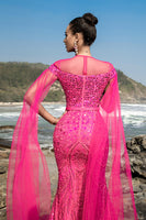 Load image into Gallery viewer, Fuchsia Sequin Mermaid Evening Dress with Cape Sleeves