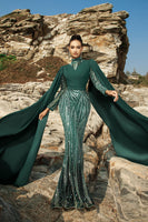 Load image into Gallery viewer, Sparkly Dark Green Mermaid Evening Dress with Cape Sleeves