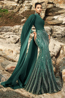 Load image into Gallery viewer, Sparkly Dark Green Mermaid Evening Dress with Cape Sleeves