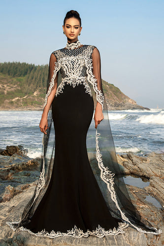 Black Mermaid Evening Dress with Detachable Cape