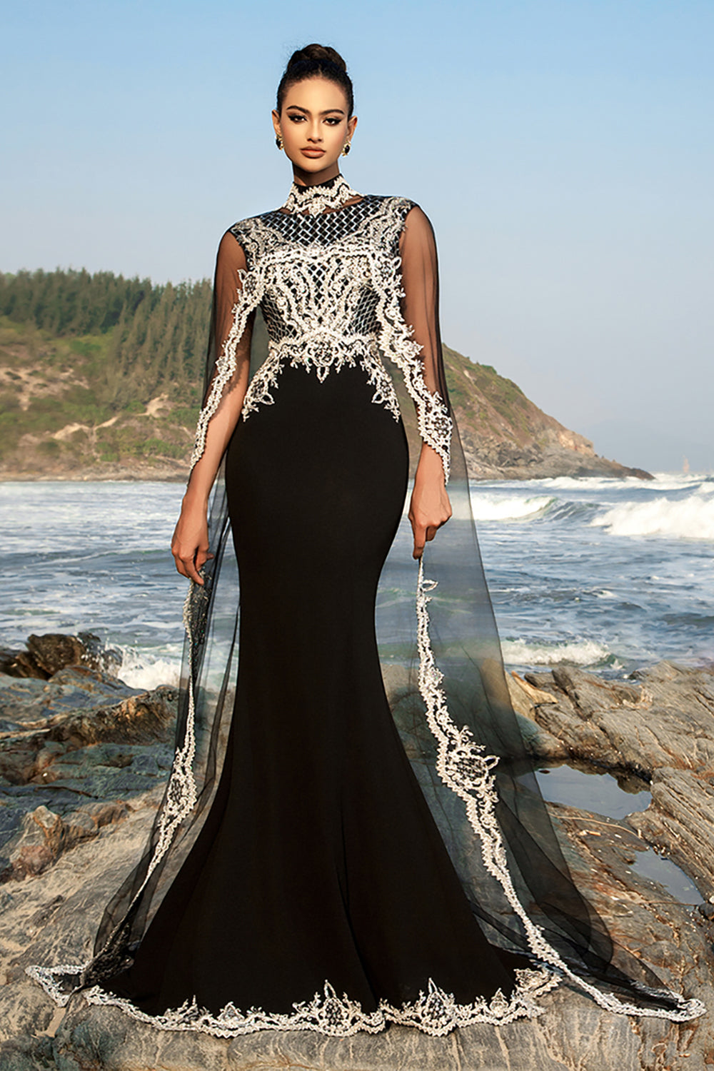 Black Mermaid Evening Dress with Detachable Cape