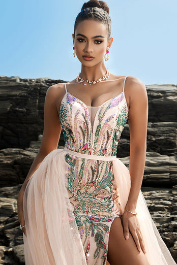 Sparkly Blush Sequin Mermaid Evening Dress With Streamer
