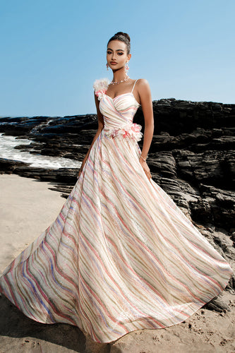 Apricot Sequin A Line Evening Dress with 3D Flowers