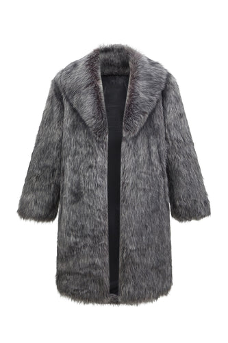 Sliver Grey Lapel Long Faux Fur Luxury Puffy Overcoat