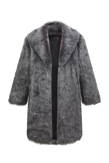 Sliver Grey Lapel Long Faux Fur Luxury Puffy Overcoat
